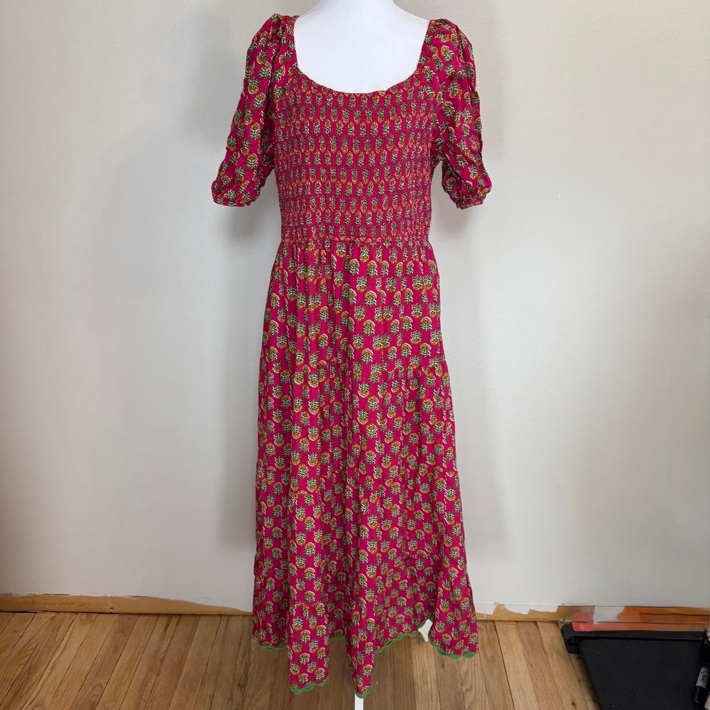 LEA Pink Floral Block Print Smocked Midi Dress Womens 1X Scalloped Hem Pockets